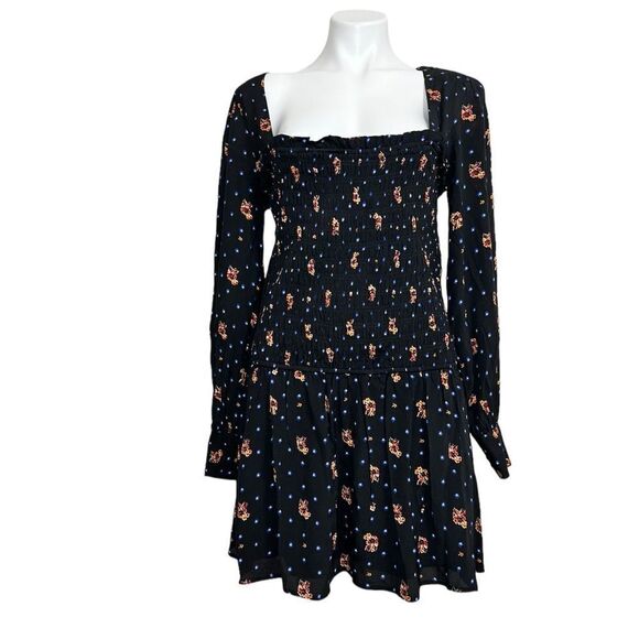 Free People Black Two Faces Milkmaid Smocked Mini Dress Size Small Floral - Picture 2 of 12